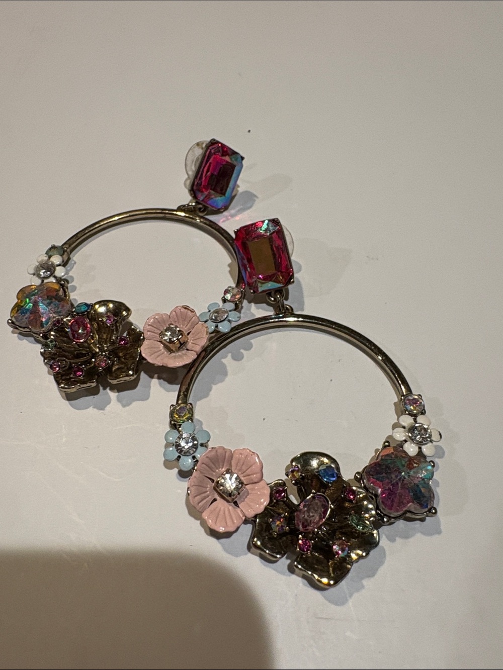 Betsey Johnson Pink Floral Hoop Earrings with Multicolor Crystals